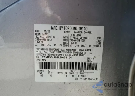 2020 Ford Edge Sel z USA, uszkodzony, nr VIN 2FMPK4J99LBA58104